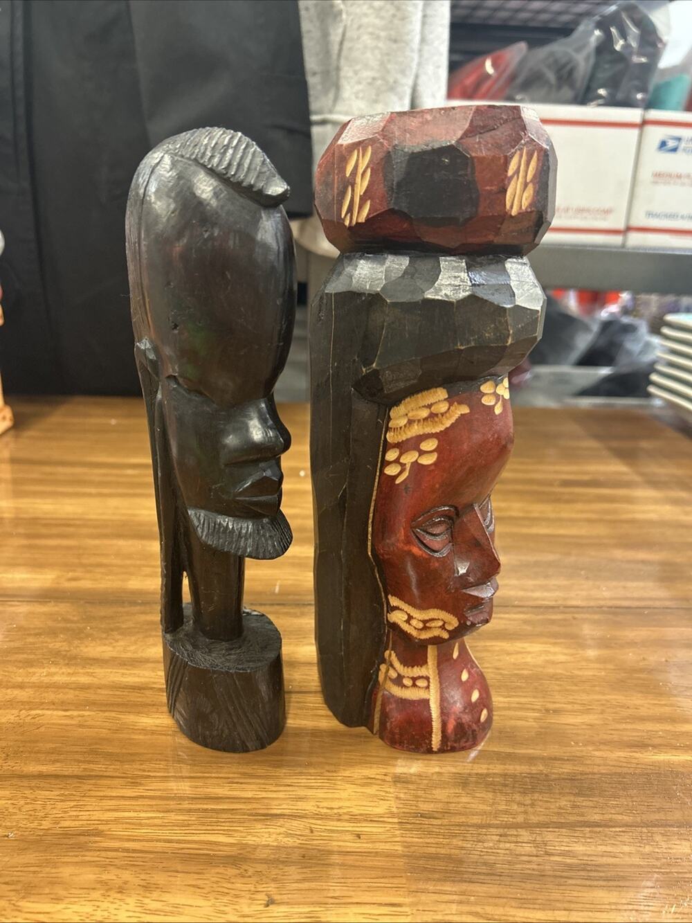 VTG Jamaican Hand Carved Wood, Matching Pair Male & Female Caribbean Folk Art